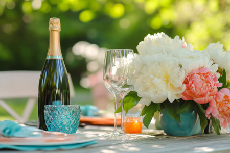 A vibrant outdoor table setting with a sparkling wine bottle and an assortment of white peonies. The lively atmosphere of a summer gathering is reflected in the bright colors and cheerful decorations.の素材