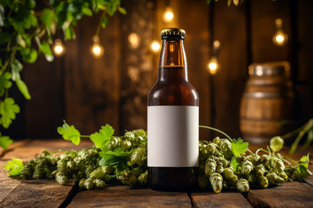 A brown beer bottle with a blank white label lies gracefully on a wooden table, wrapped in fresh hops. The warm light enhances the rustic charm, perfect for showcasing the art of craft brewing.の素材
