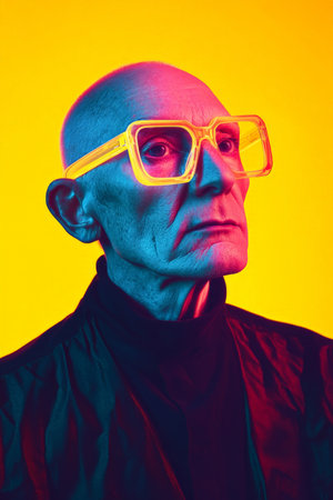 A senior Caucasian man with neon acrylic glasses and exaggerated makeup in a high-fashion pose. The bright reflections in the studio illuminate him against a vivid yellow background, adding energy and flair to the portrait.の素材