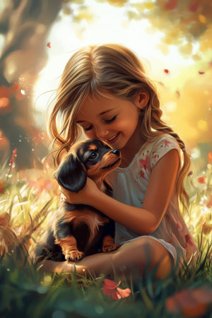 A joyful young girl, kneeling down to hug a tiny Dachshund puppy. Their expressions radiate love and affection, with a vibrant park in the background, filled with laughter and the warmth of a sunny day.の素材