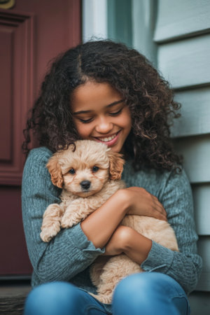 A teenage girl of African American descent, cradling a small puppy in her arms while sitting on the steps of her porch. The cozy neighborhood scene enhances the love and warmth of the moment.の素材