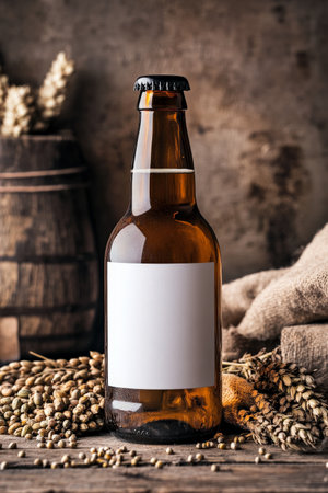 A picturesque scene featuring a brown beer bottle with a blank white label, artfully arranged with fresh hops and a scattering of grains. The rustic backdrop enhances the charm of traditional craft brewing.の素材