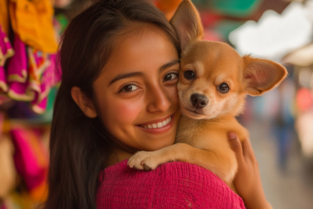 A young adult Hispanic woman, joyfully cradling a cute Chihuahua puppy in a vibrant market. The colorful stalls around them create a lively and affectionate atmosphere filled with warmth.の素材