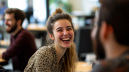 A vibrant team debating a decision in an open office space, laughing and smiling as they exchange ideas. The blurred background of office desks and windows adds to the modern and optimistic ambiance.の素材