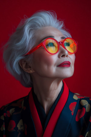 A senior Japanese woman adorned with eye-catching neon acrylic glasses and dramatic makeup. The bright reflections in the studio play off her look against a vivid red background, adding depth and vibrancy.の素材