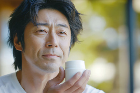 A middle-aged Japanese man, slightly sweaty and intensely focused, holding a skincare cream container. The background is blurred, providing a soft contrast against the detailed texture of his skin and the product.の素材