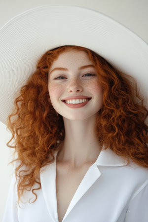 A young woman with curly red hair wears an oversized white hat, smiling warmly into the camera. The hat's wide brim creates a soft shadow over her playful expression, while the white backdrop adds a touch of purity and elegance.の素材