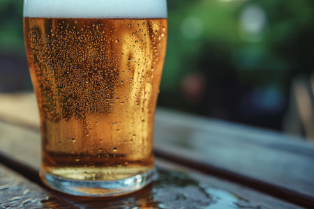 A close-up of a chilled lager beer glass with droplets of condensation, resting on a rustic wooden surface. The soft focus on the background of a cozy backyard barbecue enhances the refreshing moment of enjoyment.の素材