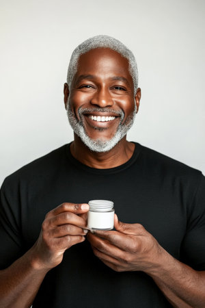 A middle-aged African American man with a joyful smile, holding a small cream jar against a white background. His radiant skin reflects his care for grooming and wellness.の素材