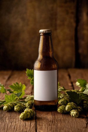 A beer bottle with a blank white label is artistically arranged with fresh hops, placed on a rustic wooden surface. The warm lighting creates an inviting environment that captures the essence of artisanal craft brewing.の素材