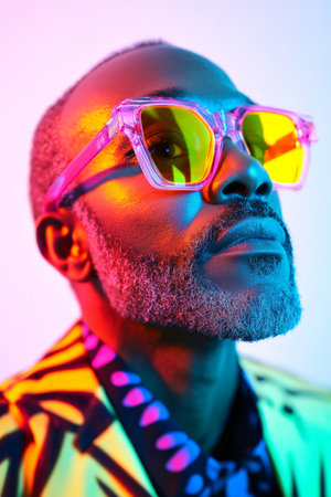 A middle-aged Black man sporting eye-catching neon acrylic glasses and bold makeup. The studio's bright reflections create a dynamic effect against a clean white background, emphasizing his sophisticated style.の素材