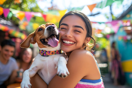 A young adult woman of Hispanic heritage, joyfully hugging a playful beagle in a sunny outdoor cafÃÂ©, surrounded by colorful decorations and the laughter of friends.の素材