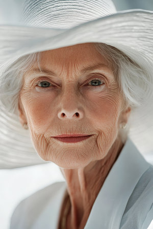 A serene portrait of an elderly woman with a peaceful expression, wearing a wide-brimmed white hat. The clean white background and soft lighting add a sense of calm and grace to the composition.の素材