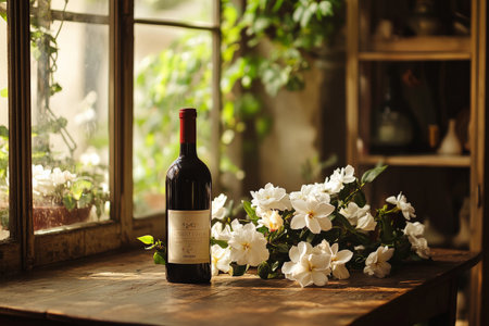 A classic wooden table with a Bordeaux wine bottle surrounded by fresh white gardenias. The rustic charm of the table is complemented by soft, natural light filtering in from an open window.の素材