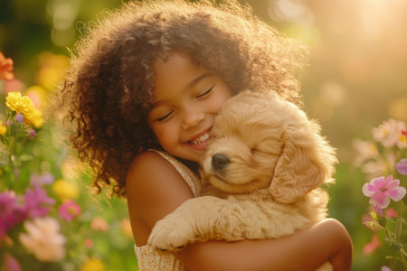 A young girl with curly hair, tightly hugging a fluffy golden puppy in her arms, her face lit up with joy. The background features a sunny garden filled with colorful flowers, capturing the essence of love and companionship.の素材