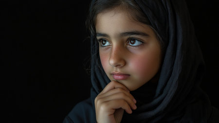 School-age Arabian girl deep in thought with hand on chin against a black background.の素材