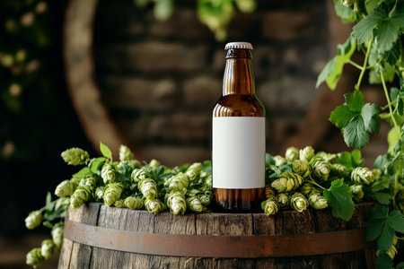 A brown beer bottle with a blank white label resting on a wooden barrel, surrounded by vibrant hops. The soft natural lighting accentuates the details, creating a warm and welcoming atmosphere.の素材
