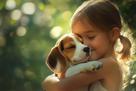 A girl with pigtails joyfully hugging a playful beagle puppy. The soft focus background features a lush green park, with the sunlight filtering through the trees, creating a serene atmosphere of love and innocence.の素材