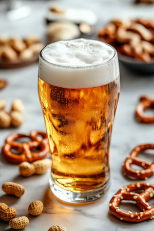 A frosty beer glass filled with a light amber brew is placed on a marble table. Surrounding it are scattered peanuts and pretzels, adding to the casual and refreshing vibe of an afternoon gathering with friends.の素材
