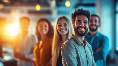 A bright and energetic office setting, with a team engaged in a positive debate around a decision. The group's smiling faces are highlighted by the blurred background, giving the image a sense of focus and optimism.の素材