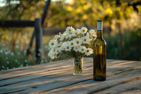 A serene outdoor setting with a wine bottle and white chrysanthemum flowers on a wooden table. The natural surroundings and soft light enhance the tranquil atmosphere of relaxation and leisure.の素材