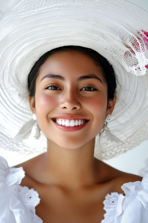 A vibrant portrait of a young Hispanic woman in an oversized white hat, her joyful smile lighting up the scene. The clean, white background keeps the focus on her playful expression and the subtle details of her attire.の素材
