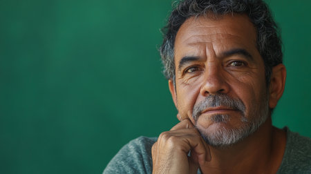Middle-aged Brazilian man deep in thought with hand on chin against a green background.の素材