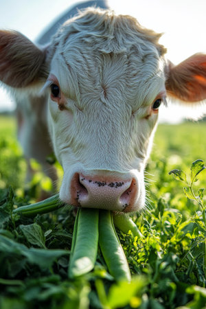 A delightful close-up of a cow happily eating snap peas, with a few peas falling to the ground. The scene captures the essence of farm life, highlighting the fresh, organic vegetables and the cowÃ¢â¬â¢s playful demeanor in a sunny field.の素材