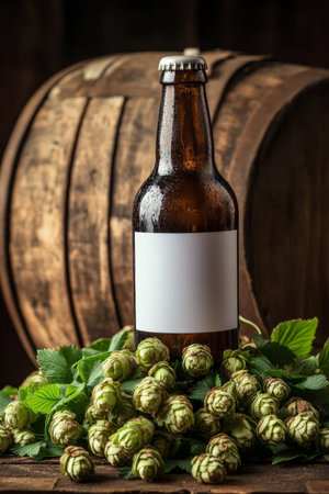 A rustic brown beer bottle with a blank white label is partially covered by fresh hops, placed against a backdrop of a wooden barrel. The warm tones create an inviting scene that highlights the essence of craft brewing.の素材