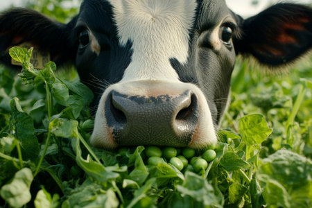A close-up shot of a content cow munching on crisp snap peas, its expressive eyes reflecting pure joy. The fresh green peas contrast beautifully with the cow's black-and-white coat, creating a vibrant and delightful scene in a lush pasture.の素材