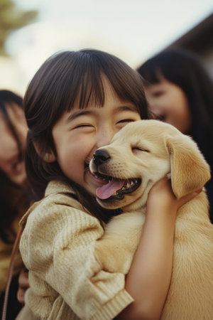 A school-age girl of Japanese descent, joyfully hugging a playful Labrador puppy in a schoolyard. The laughter of her friends in the background adds to the warmth of this moment.の素材