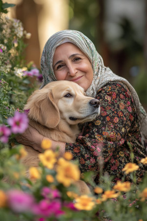 A middle-aged Arabian woman joyfully hugging a golden retriever puppy in her backyard garden, surrounded by blooming flowers that reflect the love and happiness of their bond.の素材