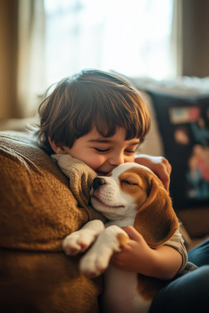 A cheerful preschooler of Hispanic descent, embracing a playful beagle puppy in a cozy living room. The soft glow from the window highlights the warmth of their affection against the backdrop of family photos.の素材
