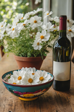 A charming dining table with a rustic wine bottle and white cosmos flowers in a colorful bowl. The cheerful colors and playful arrangement evoke a sense of joy and celebration.の素材