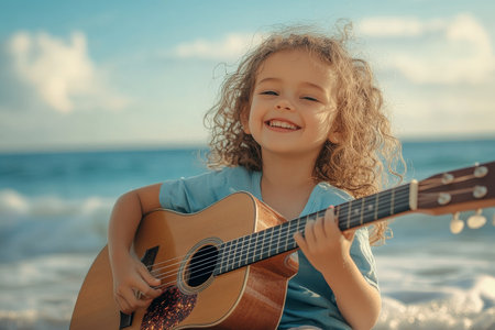 A little girl with curly hair playing guitar on a sunny beach, her face lit up with joy as she sings her favorite song. The waves crash gently behind her, creating a beautiful and carefree atmosphere.の素材