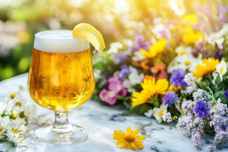 A chilled glass of beer with a twist of lemon is set on a marble table, surrounded by colorful summer flowers. The sunlight shines through the glass, highlighting the refreshing nature of the drink.の素材