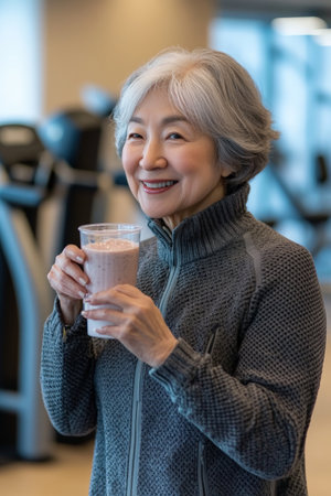 A senior Japanese woman, smiling gently as she drinks a shake after a workout, standing near advanced gym equipment. Her positive energy radiates in the modern fitness center.の素材