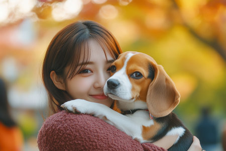 A young adult Japanese woman, hugging a cute beagle puppy in a bustling urban park filled with autumn leaves. The vibrant colors of the setting create a beautiful backdrop for their affectionate moment.の素材
