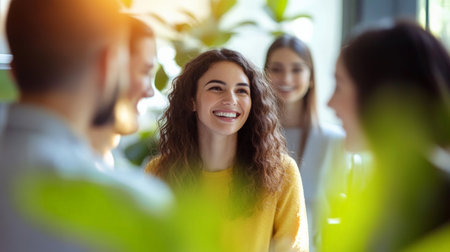 A bright and energetic office setting, with a team engaged in a positive debate around a decision. The group's smiling faces are highlighted by the blurred background, giving the image a sense of focus and optimism.の素材