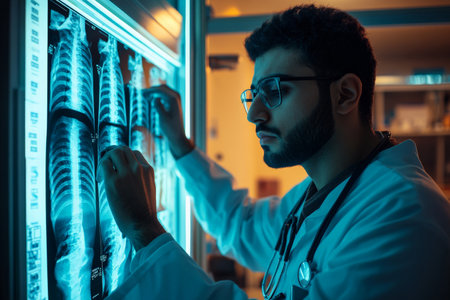 A young adult Arabian doctor standing in front of a lightbox, studying a patientÃ¢â¬â¢s X-ray with deep concentration, medical charts neatly arranged behind them, creating a scene of professional thoroughness.の素材