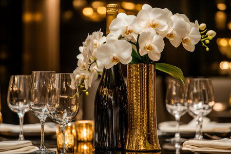 A luxurious dining table featuring a golden wine bottle accompanied by elegant white orchids in a tall glass vase. The soft lighting creates an opulent atmosphere, perfect for a lavish celebration.の素材