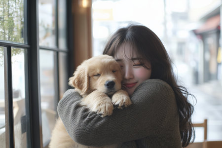 A young adult Japanese woman hugging a fluffy golden retriever puppy in a cozy cafÃÂ© with large windows. The soft lighting and inviting decor enhance the warmth and connection they share.の素材