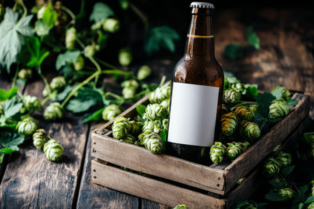 A brown beer bottle with a blank white label rests on a weathered wooden crate, encircled by lush hops. The earthy tones and textures create a cozy and inviting atmosphere, perfect for a craft brewing display.の素材