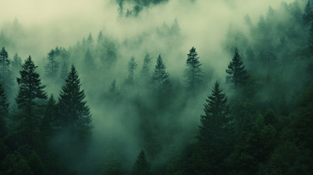 A moody shot of a dense pine forest enveloped in thick fog. The mist hangs in the air, creating a sense of mystery, while the lush green pine trees stand out against the hazy, dreamlike atmosphere.の素材