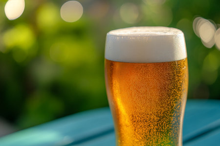 A close-up of a cold beer glass, complete with a thick frothy head, resting on a vibrant outdoor patio table. The blurred background features greenery and laughter, capturing a moment of joy and refreshment on a sunny day.の素材