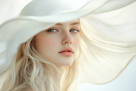 A stunning portrait of a young woman wearing an oversized white sun hat. Her flowing blonde hair peeks from beneath the brim, casting soft shadows on her face, while she gazes thoughtfully into the distance. The entire background is a soft, clean white.の素材
