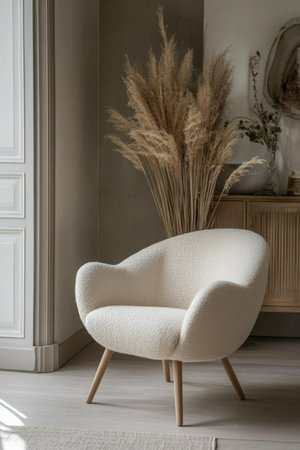 A chic Scandinavian armchair boasting wooden legs, situated in a minimalistic room with soft textures and muted tones. The simplicity of the design draws attention to the beauty of the surrounding decor and natural light.の素材