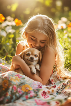 A young girl laughing as she hugs her tiny Chihuahua puppy, their connection radiating warmth. They are seated on a colorful blanket in a sunlit backyard, surrounded by blooming flowers and a sense of tranquility.の素材