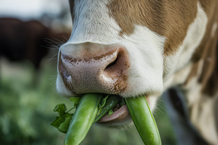 A captivating shot of a cow enjoying fresh snap peas, with a focus on its mouth as it chews. The vibrant green peas add a pop of color against the cow's coat, creating an engaging and wholesome moment on the farm.の素材