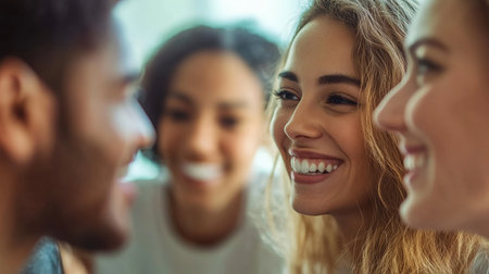 A close-up of a work group engaged in a friendly debate, exchanging ideas with smiles and enthusiasm. The blurred office setting in the background emphasizes their connection and collaborative spirit.の素材